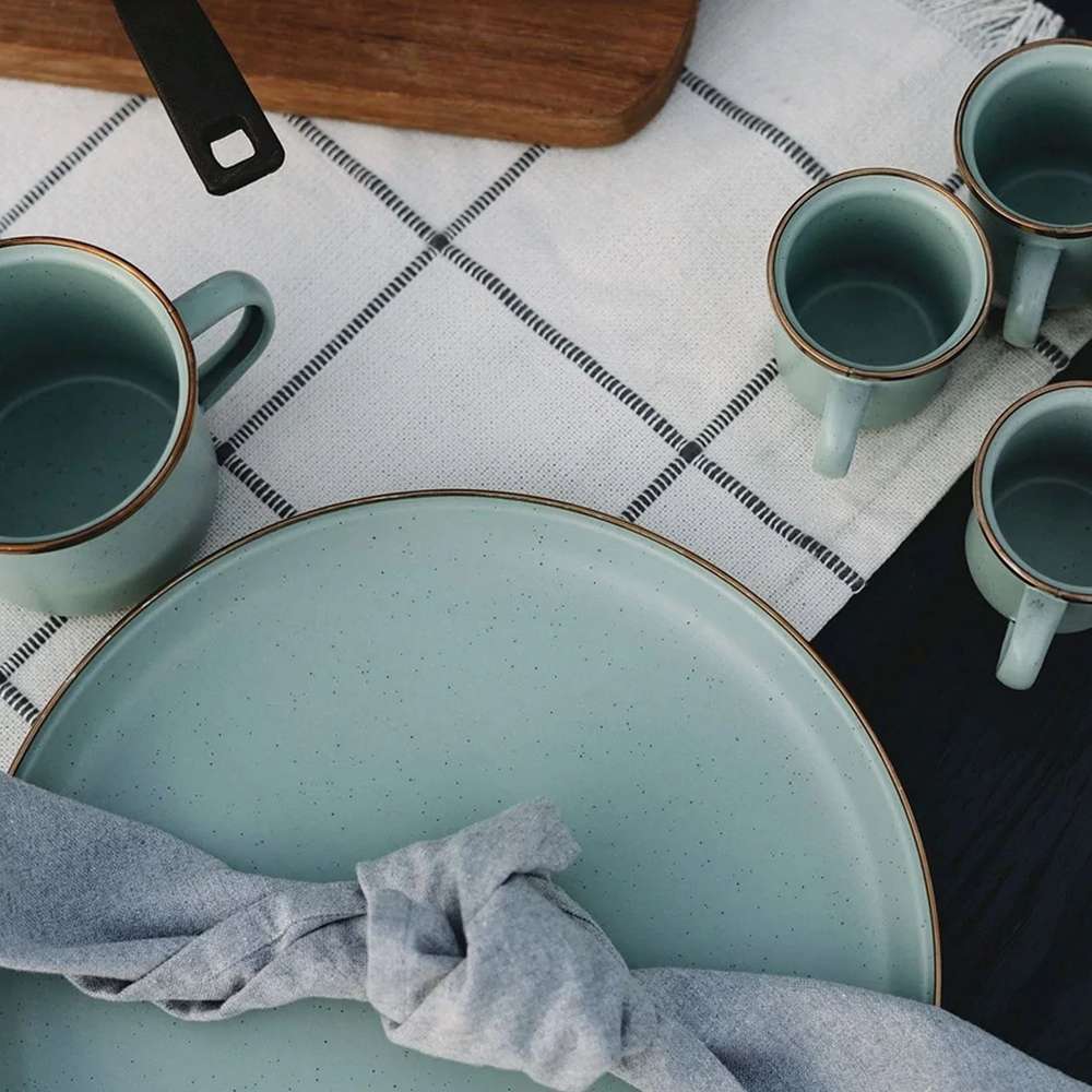 Mint Coloured Enamel Dinner Plates Set Mint Coloured Enamel Dinner Plates and Mugs
